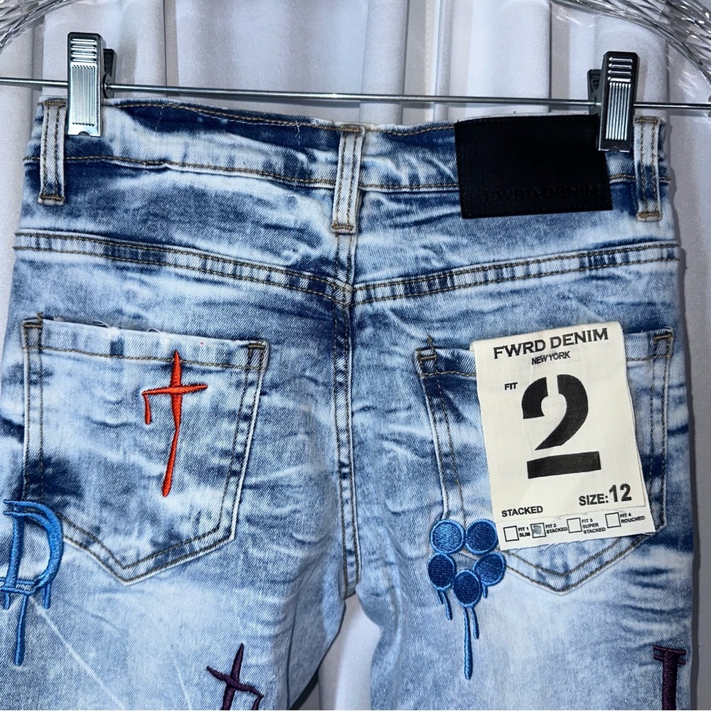 FWRD Denim NY Stacked Drip Embroidered Pants Jeans Boys’ Sz 12 Acid Wash NWT